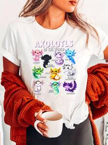 Camiseta de Axolote para Mujeres del Mundo, 100% Cuello Redondo de Manga Corta, Top Casual con Diseño de Anime para Todas las Temporadas, Camiseta de Tejido Regular - [Blanco] - Ver 11