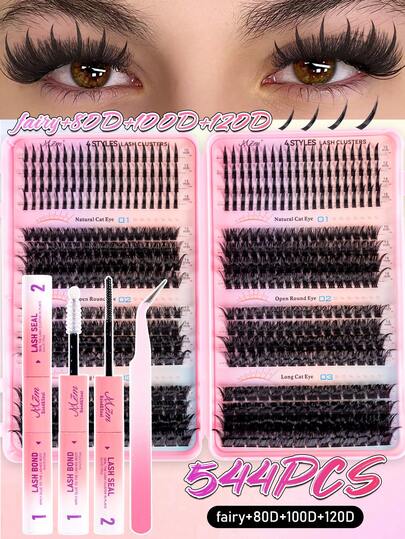 544 delar D-Curl fluffiga ögonfransförlängningskit, inkluderar ögonfransböjare, 80D/100D/120D fransar, mjuka fluffiga personliga fransar, skapa fluffig Y2K-fjärilsmakeup, levereras med franslim, förseglare, sax, lämplig för dagligt bruk, fester, resor eller presenter