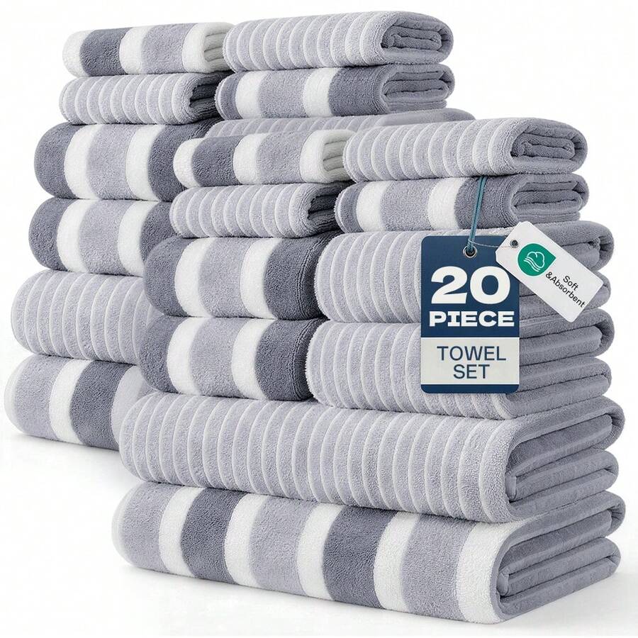 QUIRVIX 20pcs Soft & Absorbent Towel Set | Quick-Dry Towels For Bathroom, Sports & Beach | 280gsm,Includes 4 Bath Towels, 8 Hand Towels, 8 Washcloths| Lightweight & Skin-Friendly Essentials - Grey - View 1