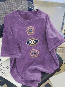 Una camiseta de algodón lavado estampado moderno para mujer algodón 230g grosor estilo vintage urbano cuello redondo mangas cortas lavable a máquina uso casual primavera verano camiseta de mujer corte holgado único blusas para mujer nacional envio - Morado - Ver 9