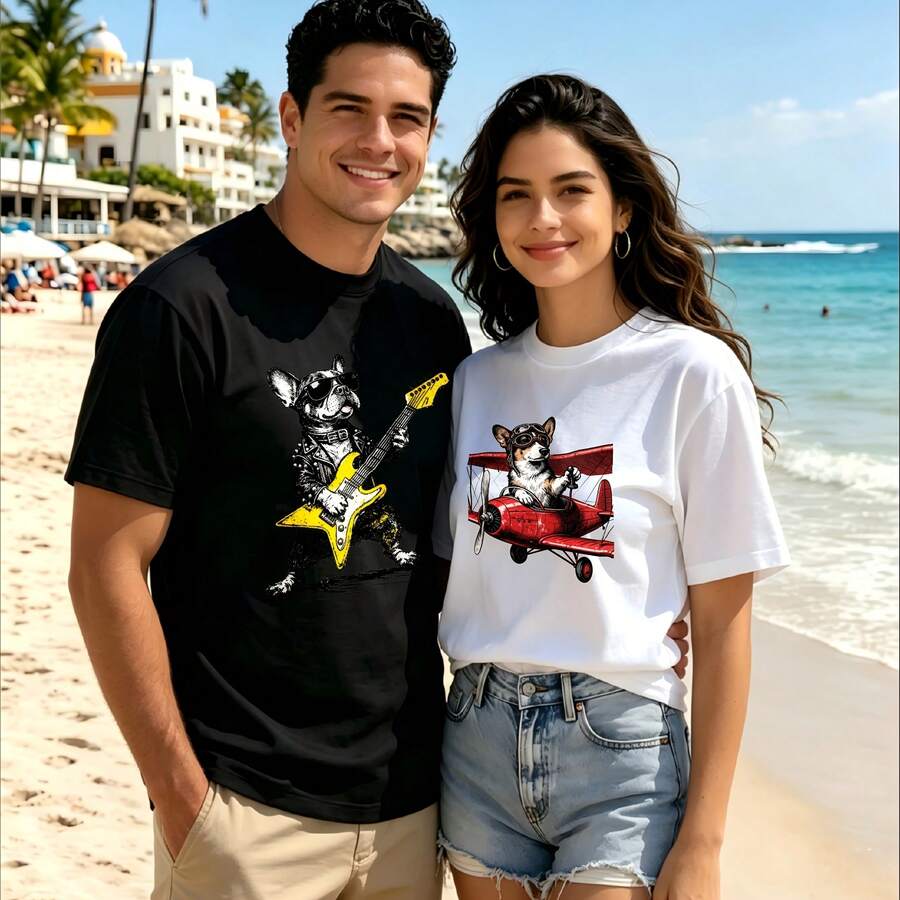 2-Piece Couple Matching Pattern T-Shirt, 100% Cotton, Loose Fit, Soft And Breathable, Casual Round Neck Short Sleeved Top Mona Lisa With Bubble Gum Venus De Milo With Sunglasses Versatile Patterns No Picky Combinations Coordinated Dating Casual Travel Simple And Cartoonish Printing Styles High - 黑色 - 查看 1