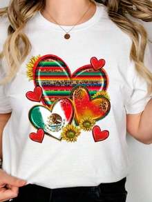 Camiseta Gráfica Fiesta Cinco de Mayo, Estilo Mexicano. Top de Verano con Cuello Redondo. - Blanco - Ver 2