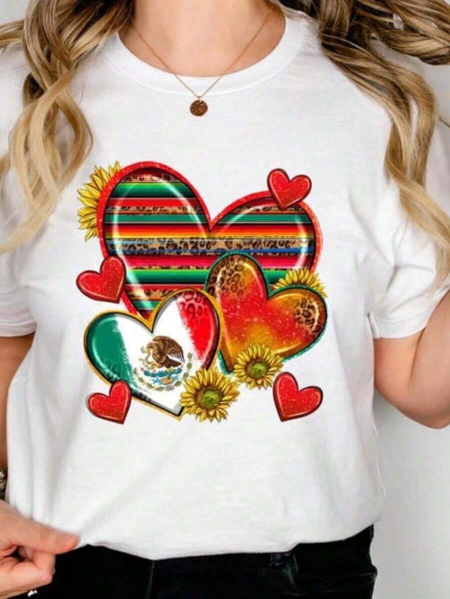 Camiseta Gráfica Fiesta Cinco de Mayo, Estilo Mexicano. Top de Verano con Cuello Redondo.