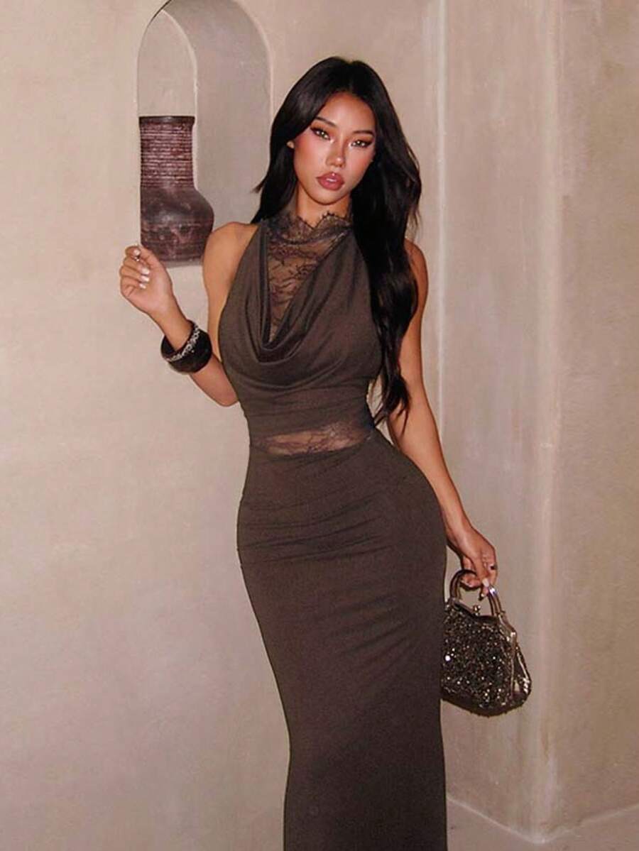 XINMEI棕色夏季连衣裙，女士优雅性感蕾丝拼接高领镂空设计连衣裙，适合约会、派对、节日、海滩、度假、婚礼等场合。 - 棕色 - 查看 1
