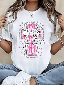 Camiseta con estampado de cruz rosa y lazo, cita cristiana, para uso casual y deportivo - alta calidad - Blanco - Ver 1