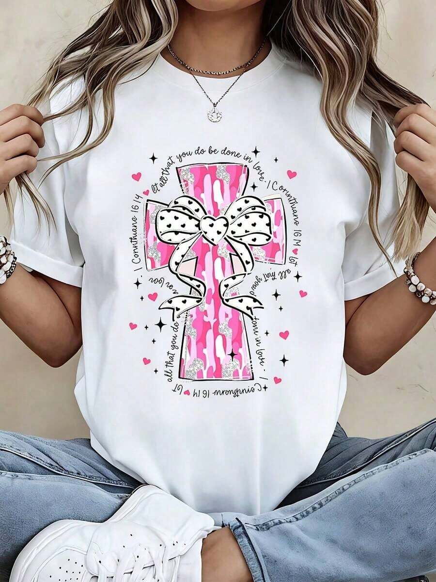 Camiseta con estampado de cruz rosa y lazo, cita cristiana, para uso casual y deportivo - alta calidad - Blanco - Ver 1