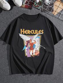 Image Inspired By Greek Mythology Showing A Hero With Incredible Strength Alongside A Winged Horse And His Companions, Symbolizing Courage And Eternal Friendship. Comfortable And Modern Women's T-Shirt For Everyday Wear. - 黑色 - 查看 3