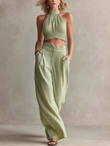 Conjunto de 2 piezas nuevo de moda para mujer, estilo casual, top halter de cuello redondo y espalda descubierta, pantalón largo, perfecto para vacaciones, playa y looks de verano - verde claro - Ver 6