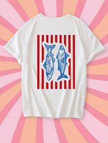 Nueva llegada de verano: Camiseta casual de manga corta con cuello redondo y estampado de tortuga marina bordado, estilo sencillo y moderno, blusa versátil y elegante para mujer, estilo vintage urbano, unisex, de algodón suelto. blusas.blusas casuales para dama. - Blanco 2 - Ver 3