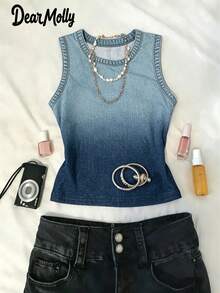 Áo tank top lửng in họa tiết denim ombre của Dear Molly, áo không tay hở eo phong cách Y2K cá tính, trang phục thường ngày phong cách đường phố Mỹ mùa hè. - Màu xanh lam - Xem 3