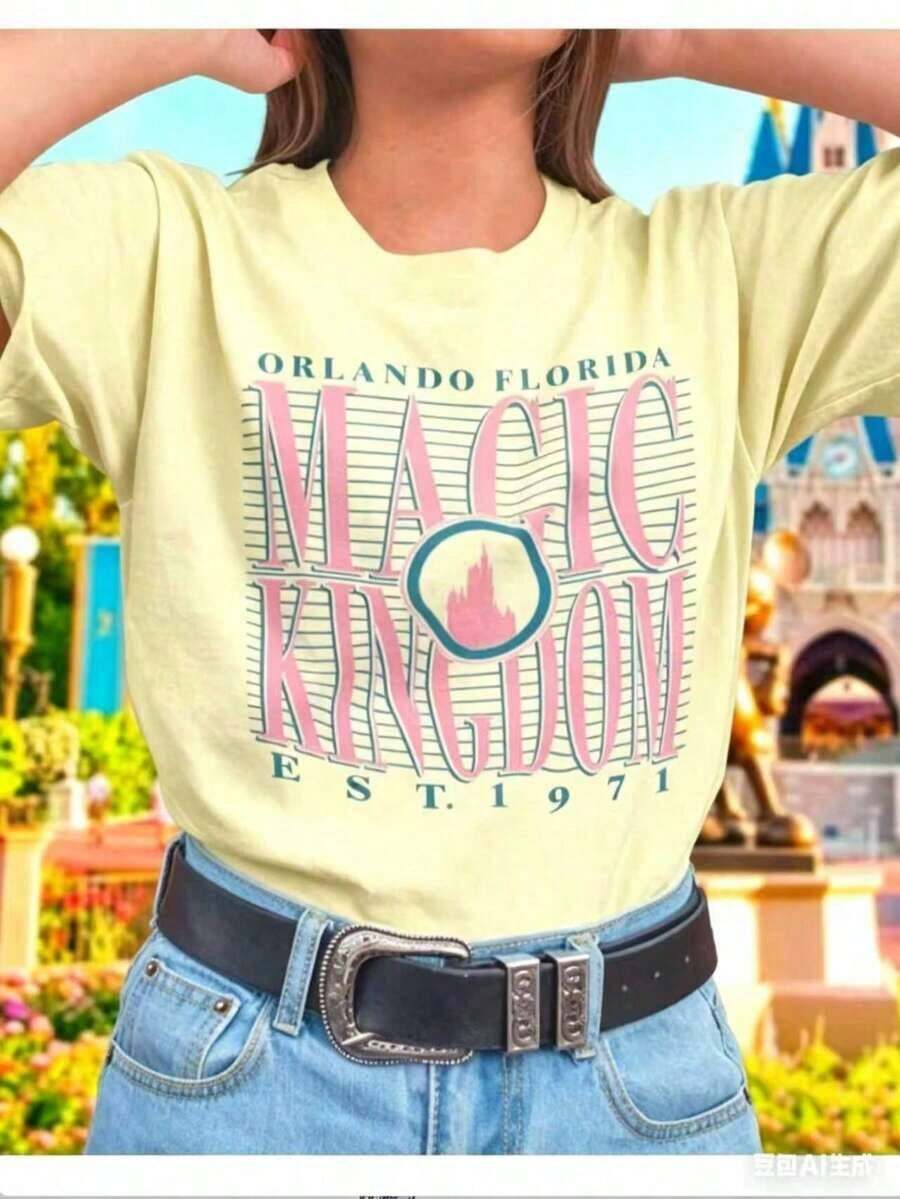 CHICLY19 Camiseta Gráfica Oversized para Mujer% Algodón - Blanca, Manga Corta, con Texto Retro MAGIC, Estampado de Castillo y ORLANDO FLORIDA EST. Diseño de 1971. Camiseta de algodón suave de corte holgado, perfecta para visitas a parques temáticos, vacaciones, viajes familiares y uso diario informal. Camiseta popular de temática nostálgica, corte cómodo y relajado, para fans de parques de atracciones, viajeros y vacacionistas. - Amarillo - Ver 1