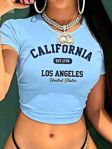 Women's Vintage Graphic T-Shirt With California Los Angeles Design - Casual Crew Neck, Short Sleeve, Cotton, Machine Washable, EST 1776 Print2025 - 藍色2 - 查看 5