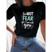Talla Grande, Camiseta Unisex Talla Grande con Frase Inspiradora "No Temas" - Camiseta Casual de Cuello Redondo Suave de 180 g/m² con Letras Negras, Manga Corta, Ropa de Inspiración Religiosa, Ropa Cómoda para Todas las Temporadas, Blusas para Mujer - Negro - Ver 3