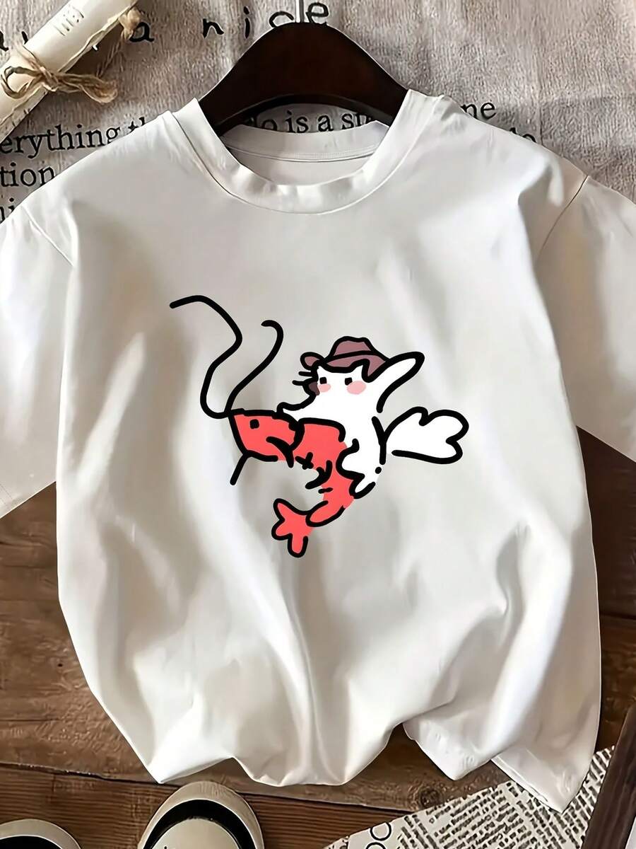 Camiseta casual versátil para mujer, hecha de puro algodón para una comodidad excepcional, diseño sencillo para un estilo diario sin esfuerzo. Camiseta casual de cuello redondo para mujer, con estampados divertidos de camarones y caballeros de dibujos animados - de manga corta, ligera, adecuada para primavera y verano, ideal para el uso diario en primavera y verano. | Diseño optimista | Estilo cómodo - Blanco - Ver 1