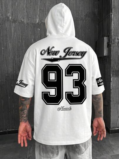  Krometka Men's Casual Versatile Numeric & English Slogan Graphic Print Hooded Short Sleeve T-Shirt, Spring/Summer