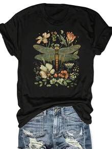 Fashionable Floral, Bohemian Women'S Graphic Print, Casual Short Sleeve - Spring And Summer Fit, Perfect Choice, Round Neck Women'S T-Shirt - 黑色 - 查看 1