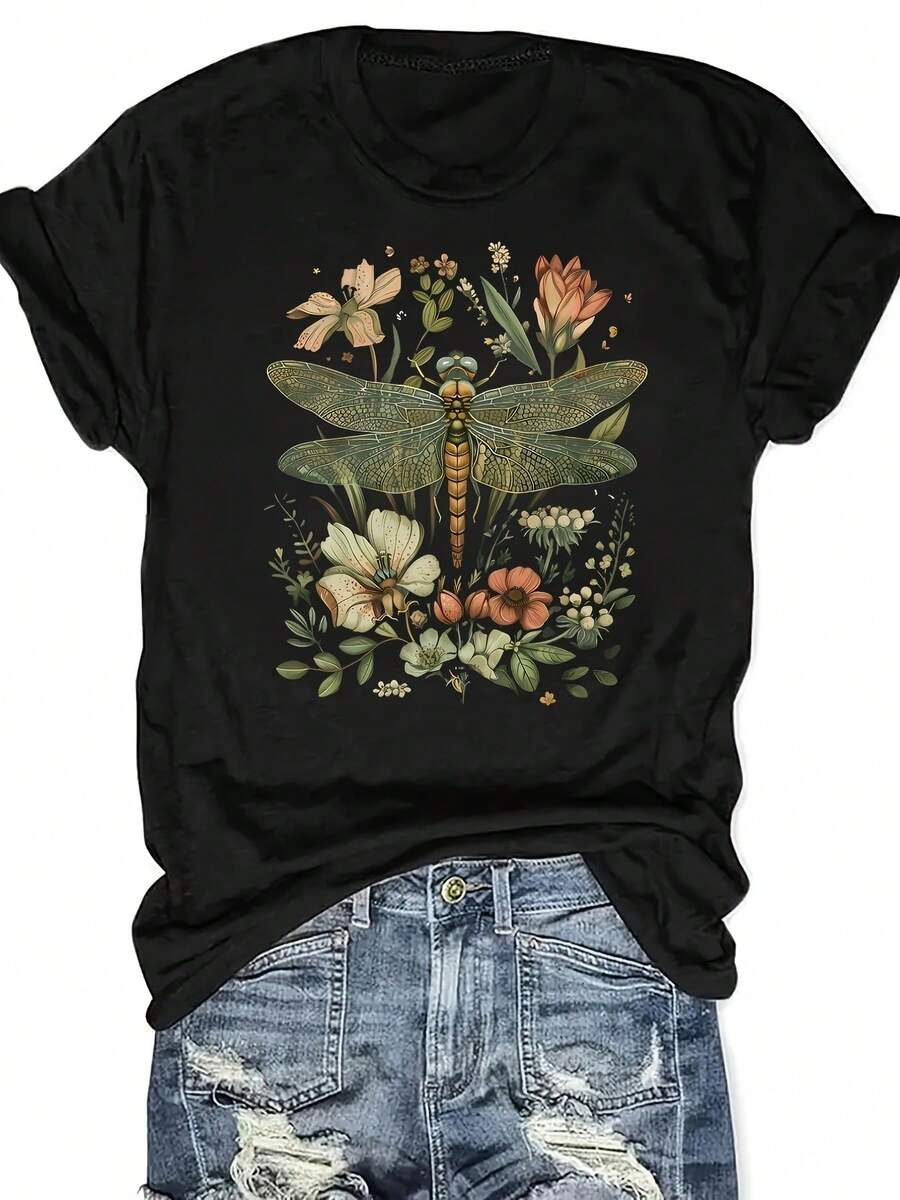 Fashionable Floral, Bohemian Women'S Graphic Print, Casual Short Sleeve - Spring And Summer Fit, Perfect Choice, Round Neck Women'S T-Shirt - 黑色 - 查看 1