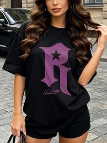 Women's Summer Casual Soft Round Neck Short Sleeve T-Shirt,The Star Letter R Print Graphic Is Suitable For Daily Wear In Spring And Summer.Black - Black - View 1