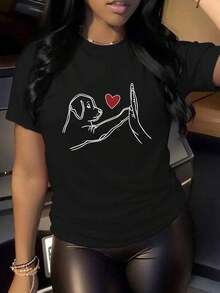Tops de mujer casual color white, playera algodón con estampado de perro y corazón, blusa versátil primavera verano 2026 para cualquier ocasión - Negro - Ver 1