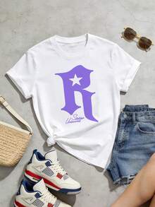 Women's Summer Casual Soft Round Neck Short Sleeve T-Shirt,The Star Letter R Print Graphic Is Suitable For Daily Wear In Spring And Summer.White - White - View 5