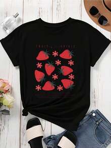 Camiseta FashionNEWFruit Of The Spirit Blanca Casual de Manga Corta con Estampado de Fresas y Flores y Texto Inspirador - Estilo Urbano Vintage Unisex de Algodón Suelto con Cuello Redondo - Negro - Ver 2