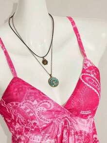 ICON Camisola Ajustada con Cuello en V y Volantes, Estampado Paisley Teal, Estilo Bohemio Retro Sexy Y2K para Mujer - Rosa 2 - Ver 9