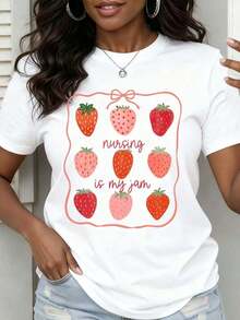 Under The Radar - "Nursing Is My Jam" Strawberry Print T-Shirt For Nurses, Funny Gift For Healthcare Workers, Casual Summer Wear - Vintage Urban Style, Unisex, Cotton, Short Sleeve, Crew Neck - 白色 - 查看 1