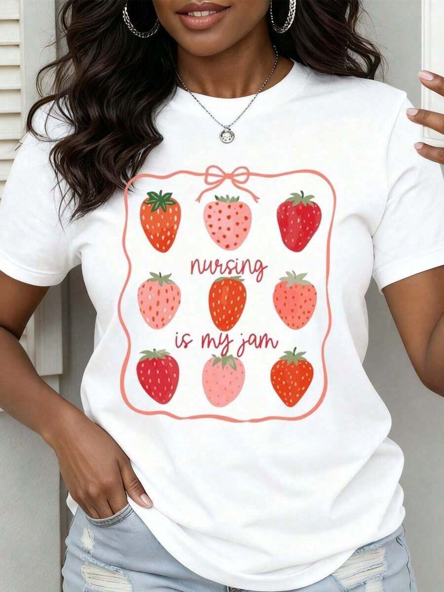 Under The Radar - "Nursing Is My Jam" Strawberry Print T-Shirt For Nurses, Funny Gift For Healthcare Workers, Casual Summer Wear - Vintage Urban Style, Unisex, Cotton, Short Sleeve, Crew Neck - 白色 - 查看 1