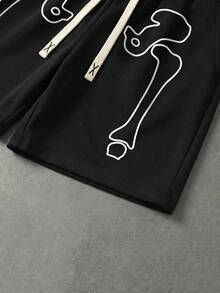 Plus Size Men's Casual Shorts With Skull Skeleton Line Print, Street Style Graphic Shorts - Black - View 6