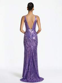 Glamorous Lavender Sequin Deep V-Neck Backless Mermaid Long Train Party Evening Gown (Front Top Half, Back Random Floral Pattern, Not Matched) Wedding - Mauve Purple - View 7