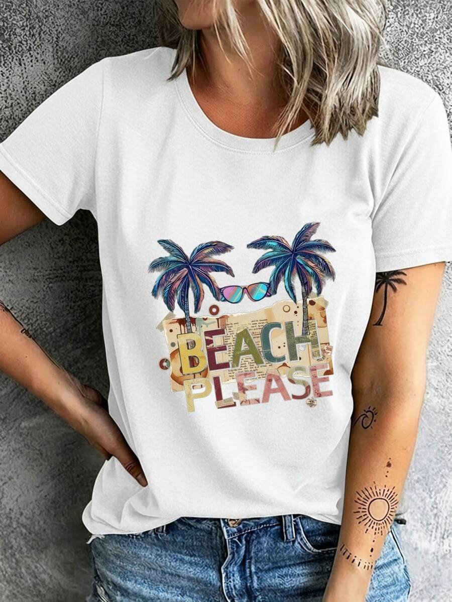 Women's Summer T-Shirt, Fashionable Summer T-Shirt For Women, Women's T-Shirt, Fashionable Short Sleeve, Comfortable And Breathable, Suitable For Sports And Fitness, Casual Outings, Palm Tree Print And Sunglasses. - 白色 - 查看 1