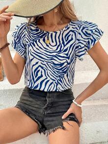 Blusa de verano con cuello redondo, de doble capa y mangas cortas, con estampado de cebra.Parte superior de verano casual con estampado animal.Blusa de manga corta linda y de corta duración para mujer. - Azul y blanco - Ver 3