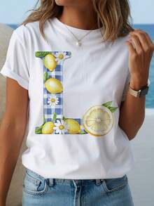 T-Shirt With A Letter Print And Lemon-Patterned Check Design, A Must-Have For Summer. Suitable For Both Spring And Summer. This Fashionable, Comfortable, And Casual Women's T-Shirt With A Round Neck Is The Best Choice For Everyday Wear In Spring And Summer, And Makes A Thoughtful And Suitable Gift For Various Occasions. - 白色 - 查看 8