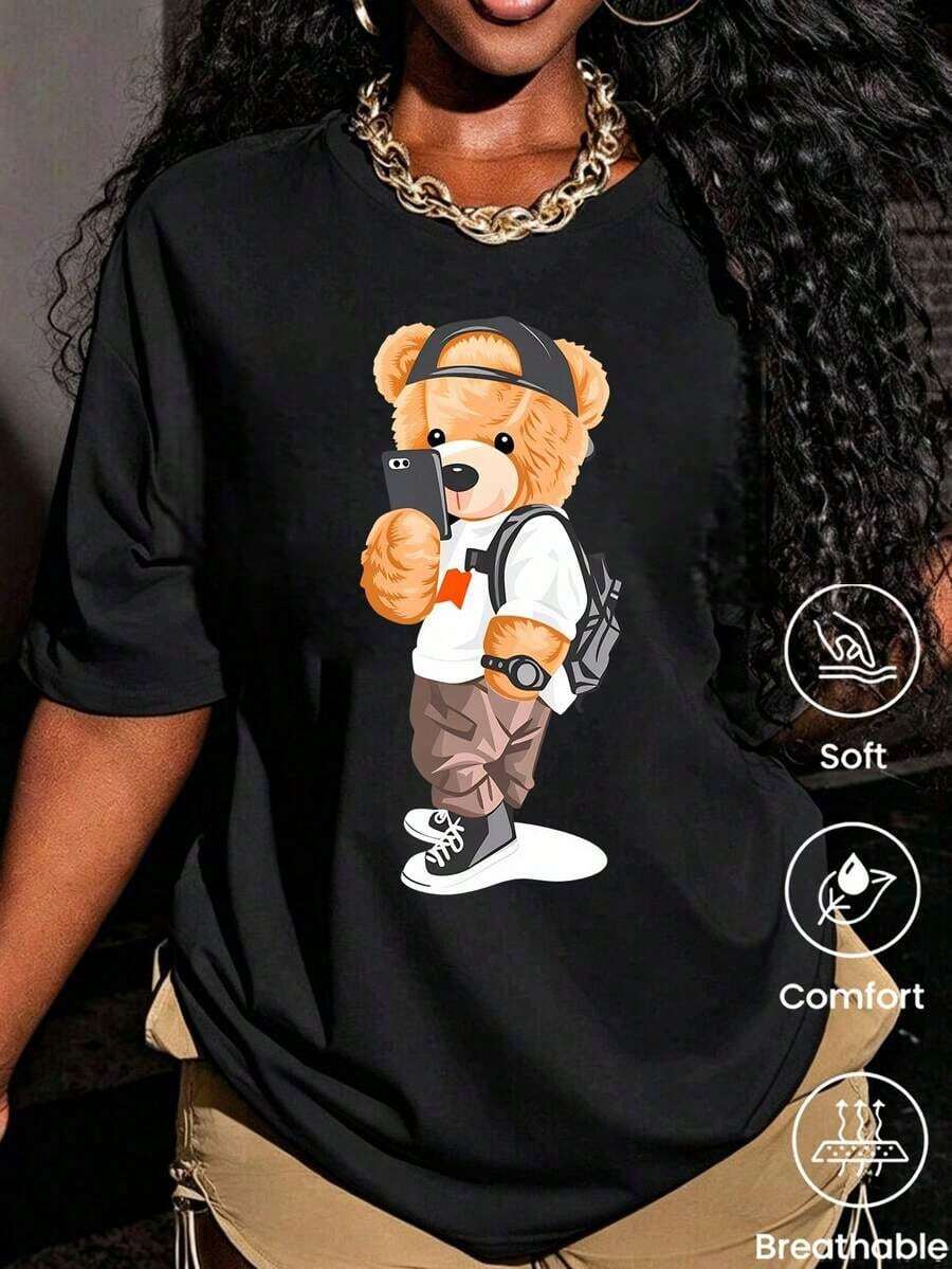 180g Made In Mexico, Spring/Summer 2026 Fashion Short Sleeve T-Shirt, Cartoon Print, Couple Style, Underwear/Outerwear, Casual Round Neck For Office, Unisex One Piece Top - 黑色 - 查看 1