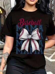 Vintage Baseball Bow & Mama Graphic 1 Piece Women's Plus Size T-Shirt, Funny Graphic Print Short Sleeve Novelty 100% Polyester Crew Neck Casual Tee, Bohemian Blouses For Women - 黑色 - 查看 1