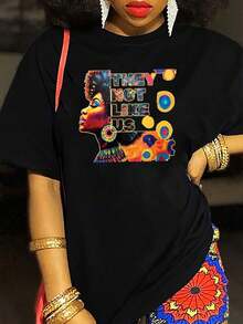 Women's Casual Short-Sleeve Mexican Print T-Shirt With Letter And Earring Design - Crew Neck T-Shirt, Suitable For Casual Wear (Machine Washable) - A Casual Wear Essential. A Creative Gift. It's An Excellent Gift For Father's Day, Mother's Day, A Birthday, Or Any Holiday. Fashionable Summer Cotton T-Shirt - 黑色 - 查看 1