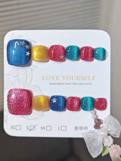 Bộ 10 móng giả trị liệu bằng ánh sáng Dopamine nhiều màu sắc, chất liệu gel bền chắc, thiết kế tông màu kẹo mùa hè.