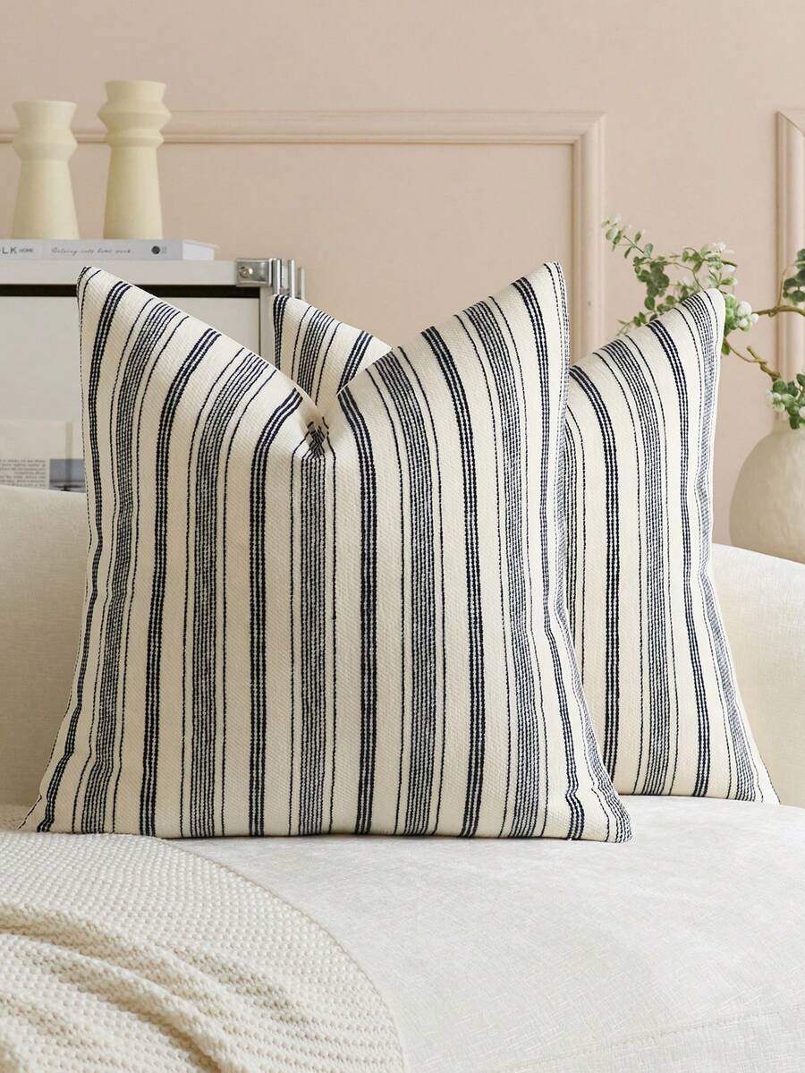 1pc Black Striped Throw Pillow Cover (Pillow Insert Not Included), Modern Stylish Soft Chenille & Faux Linen Blended Dual-Color Striped Comfortable Cushion Cover, Suitable For Home Sofa, Bedroom, Decor, All Seasons