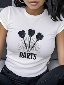 Women's T-Shirt Made Of Pure Cotton, Casual Loose Style, With Darts Logo Design, Short Sleeves And Round Neck, Unique Darts Sports Theme Design, Fashionable And Stylish, Urban Style, Casual And Versatile, Suitable For Sports Enthusiasts, Competitions, Leisure And Entertainment, Meetings, And As A Gift For Friends. - 白色 - 查看 1