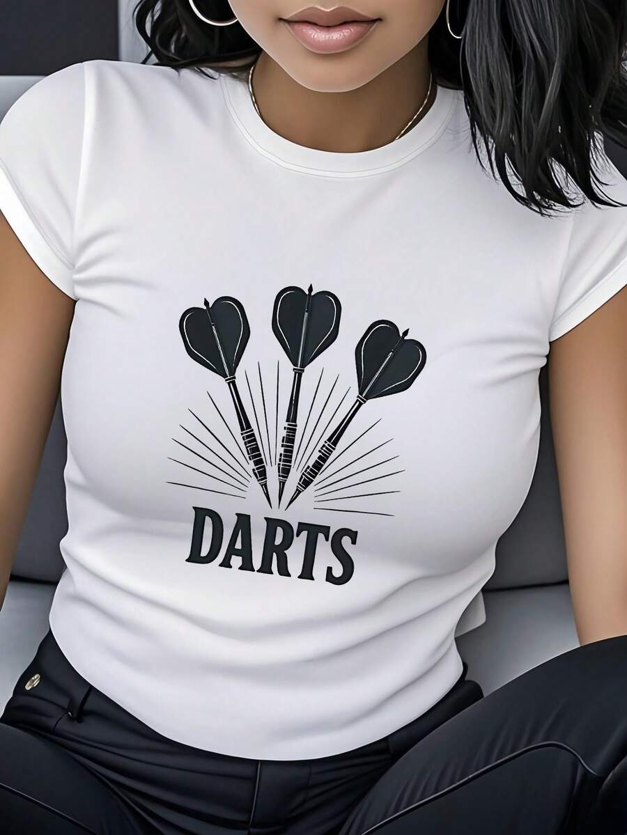Women's T-Shirt Made Of Pure Cotton, Casual Loose Style, With Darts Logo Design, Short Sleeves And Round Neck, Unique Darts Sports Theme Design, Fashionable And Stylish, Urban Style, Casual And Versatile, Suitable For Sports Enthusiasts, Competitions, Leisure And Entertainment, Meetings, And As A Gift For Friends. - 白色 - 查看 1