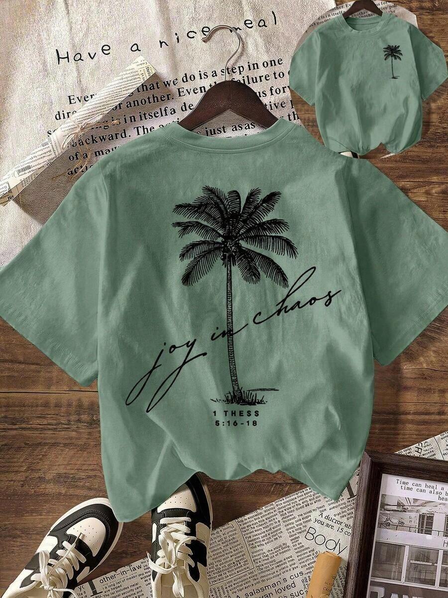 Women's Short-Sleeved T-Shirt With Round Neck And Palm Print, Summer Beachwear For Vacation. - 綠色的 - 查看 1