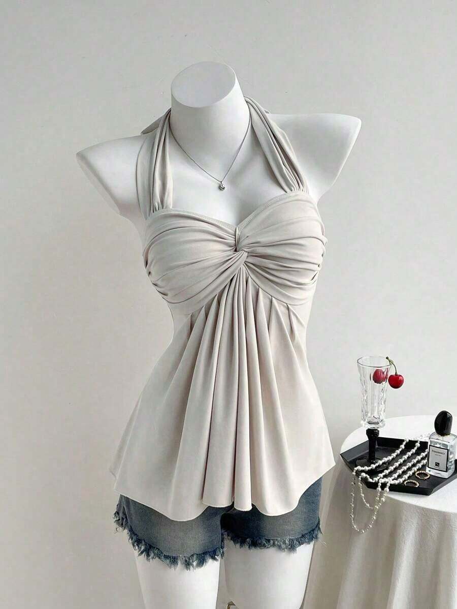 Top de tirantes con estampado de lunares marrones y detalle de nudo en la espalda para mujer, adecuado para verano, vacaciones de primavera, ceremonia de graduación, fiesta de boda, vacaciones elegantes, playa casual, estilo Y2K lindo y sexy y - Albaricoque - Ver 1