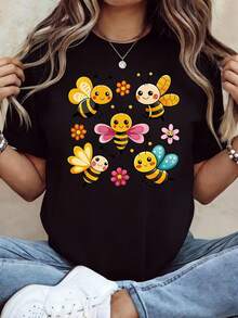 Camiseta de algodón puro para mujer con diseño de abeja y flor, 180g, cuello redondo, estilo casual, altamente recomendada como regalo para una cita, tan cómoda que no querrás quitártela, ligera y transpirable, perfecta para el uso diario. - Negro - Ver 2