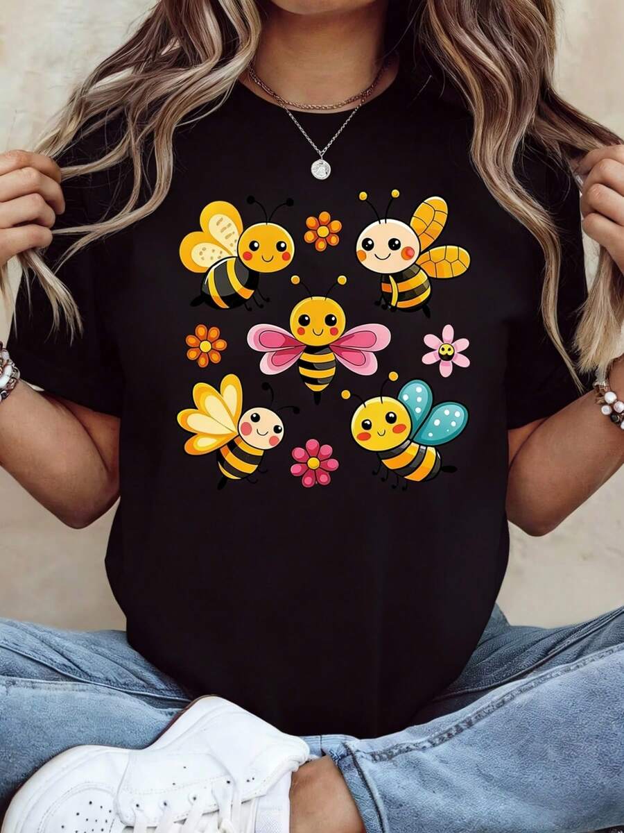 Camiseta de algodón puro para mujer con diseño de abeja y flor, 180g, cuello redondo, estilo casual, altamente recomendada como regalo para una cita, tan cómoda que no querrás quitártela, ligera y transpirable, perfecta para el uso diario.