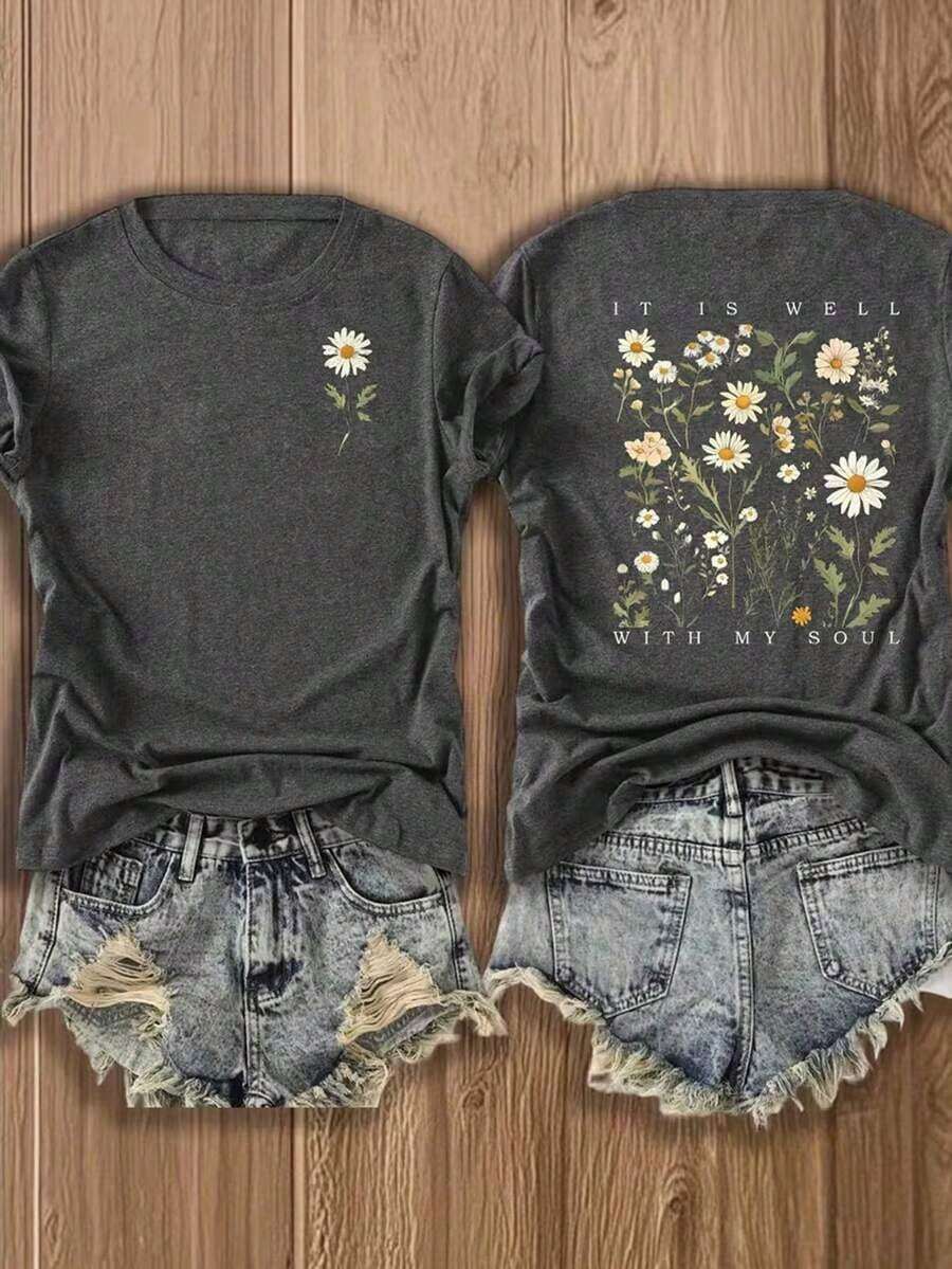 Camiseta cómoda de color gris oscuro con estampado de tequila, hombros caídos, manga corta, cuello redondo, corte regular para mujer, camisetas gráficas para mujer, camiseta Margarita, camiseta oversize, camiseta de tequila, camisetas gráficas Y2k. - Gris oscuro 2 - Ver 1