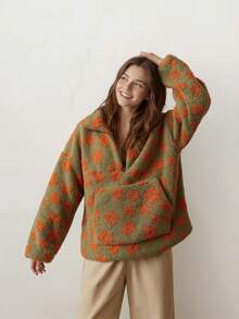 Women's Long-Sleeved  Jacket With Floral Design And Loose Fit - Green - View 2