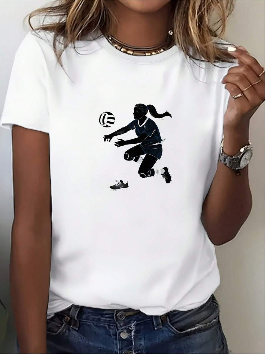 Camiseta de voleibol para mujer 100% algodón, que muestra el espíritu de equipo. | El regalo perfecto para amigos y familiares. | Suave y cómodo, adecuado para el uso diario informal. | Diseño de alta calidad que muestra un nivel de excelencia. | La elección ideal para eventos y reuniones de empresa. Camiseta de mujer de color sólido y sencillo, corte holgado y ajustado, manga corta informal. - Blanco - Ver 1