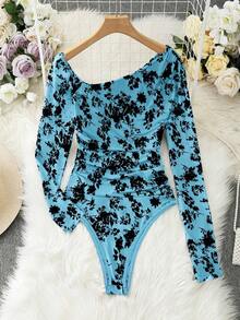 Body de manga larga con hombros transparentes y estampado de leopardo para mujer - Azul 2 - Ver 1