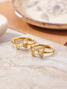 1PC Elegant Pearl Butterfly Rings For Women 18K Gold Plated Stainless Steel Butterfly Ring Aesthetic Wedding Party Jewelry Gift - Multicolor - View 5
