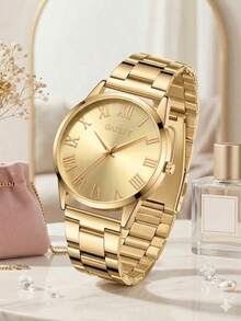 1pc Fashionable Elegant Minimalist Roman Numeral Retro Dial Women's Quartz Watch, Suitable For Daily Wear, Party Decoration Or As A Gift For Friends And Mothers On Occasions Like Valentine's Day, Mother's Day, Birthday, Anniversary - Gold - View 2